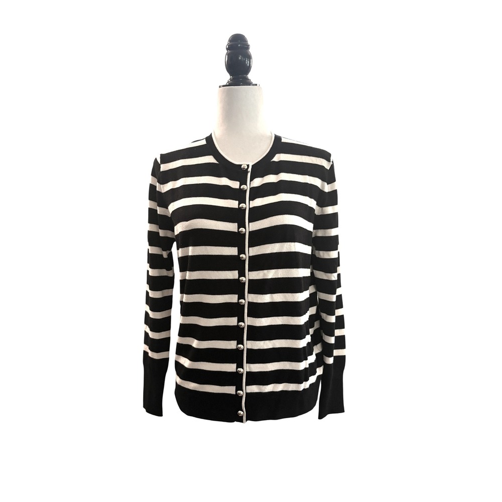 Zara Womens XL Black White Striped Gold Button Cardigan Knit Sweater Long Sleeve